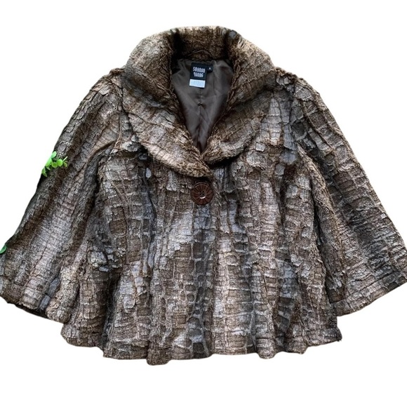 Sharon Young Cropped Shiny Faux Fur Buttoned Swing Jacket Dark Brown Size Small - Picture 1 of 7